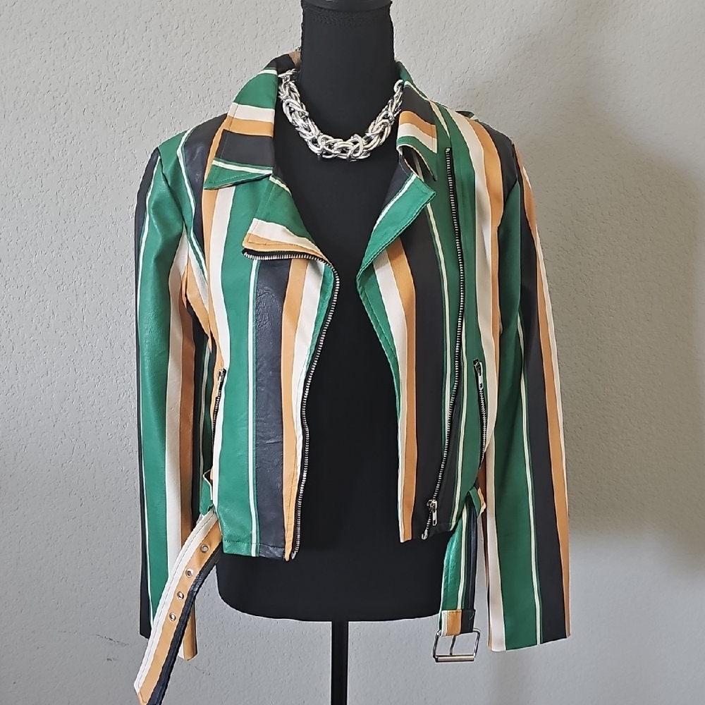 New Striped Green Faux Leather Moto Jacket with Contrast Stripes